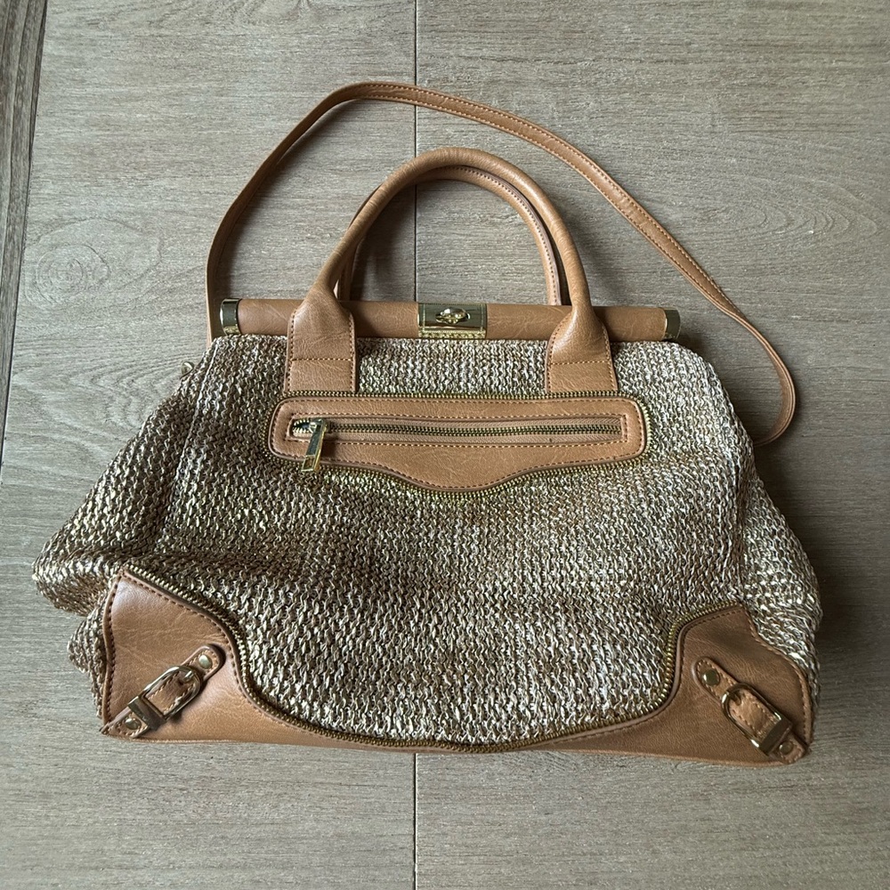 Olivia + Joy "Miss Priss" Woven Straw Satchel in Tan/Gold boho spring summer